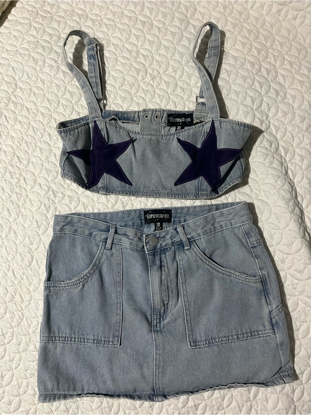 Light Blue Denim Skirt Set with Navy Star Applique